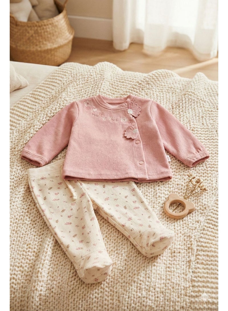 Junior Baby Girls 2-Piece Set, Pink Ribbed Top with Floral Embroidery, Cream Floral Footed Leggings Code 2612 - Image 2